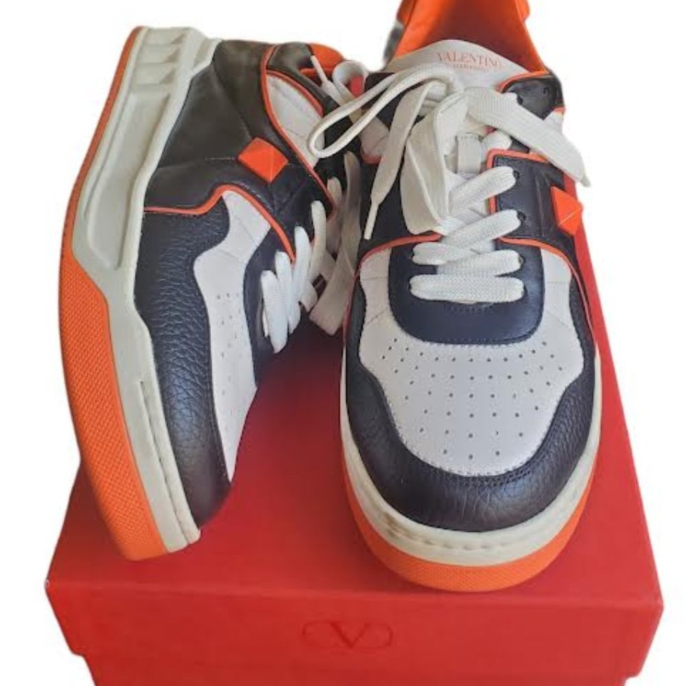 Valentino Garavani Orange Black White Leather Low-Top Lace-Up Sneakers SZ 10